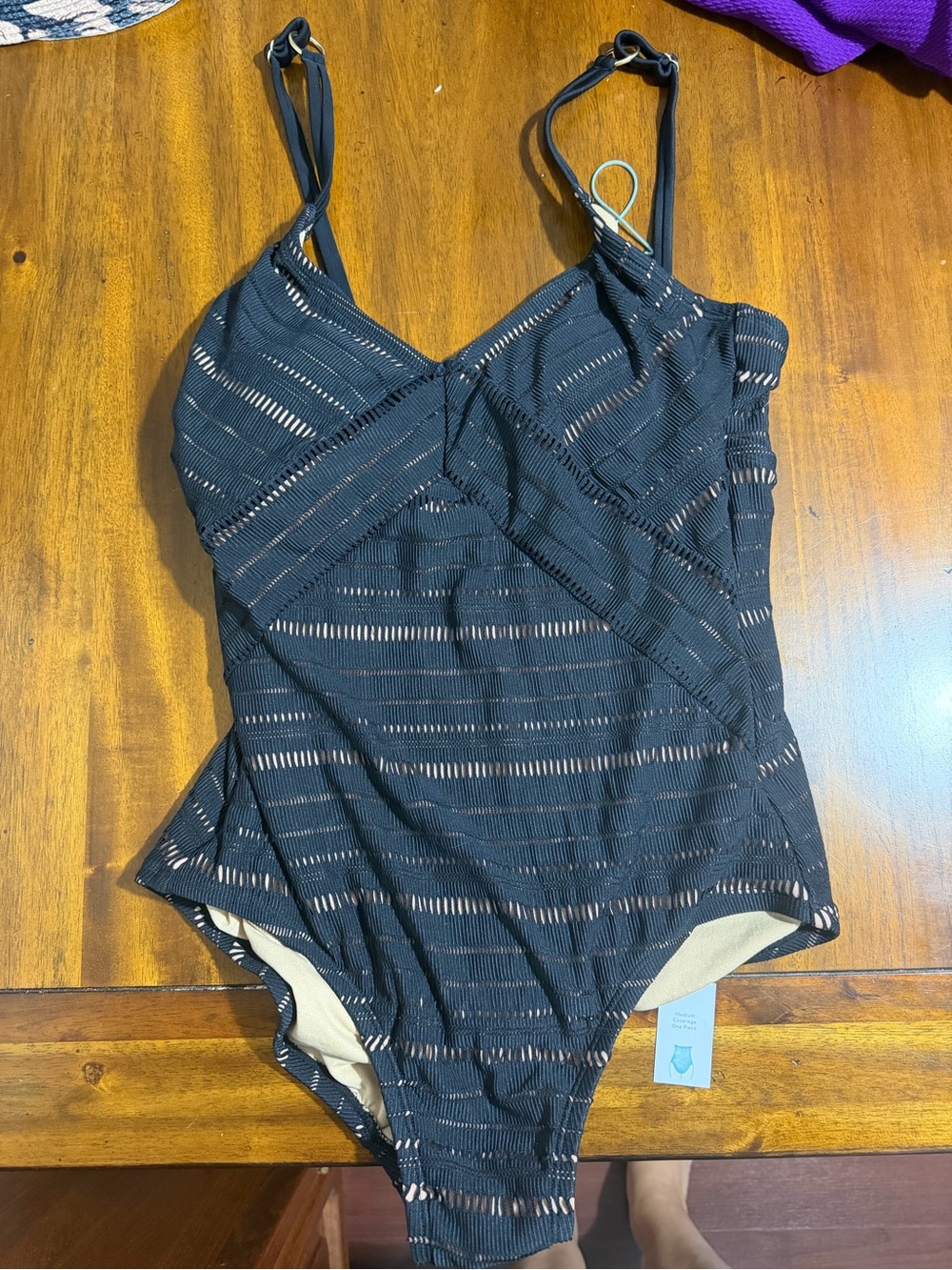 Kona Sol Black Striped Eyelet One-Piece Swimsuit